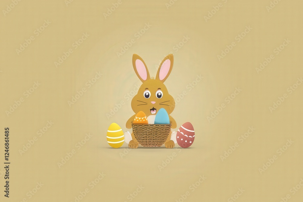 Obraz premium A cheerful cartoon bunny holds a basket filled with colorful Easter eggs against a soft, light background.
