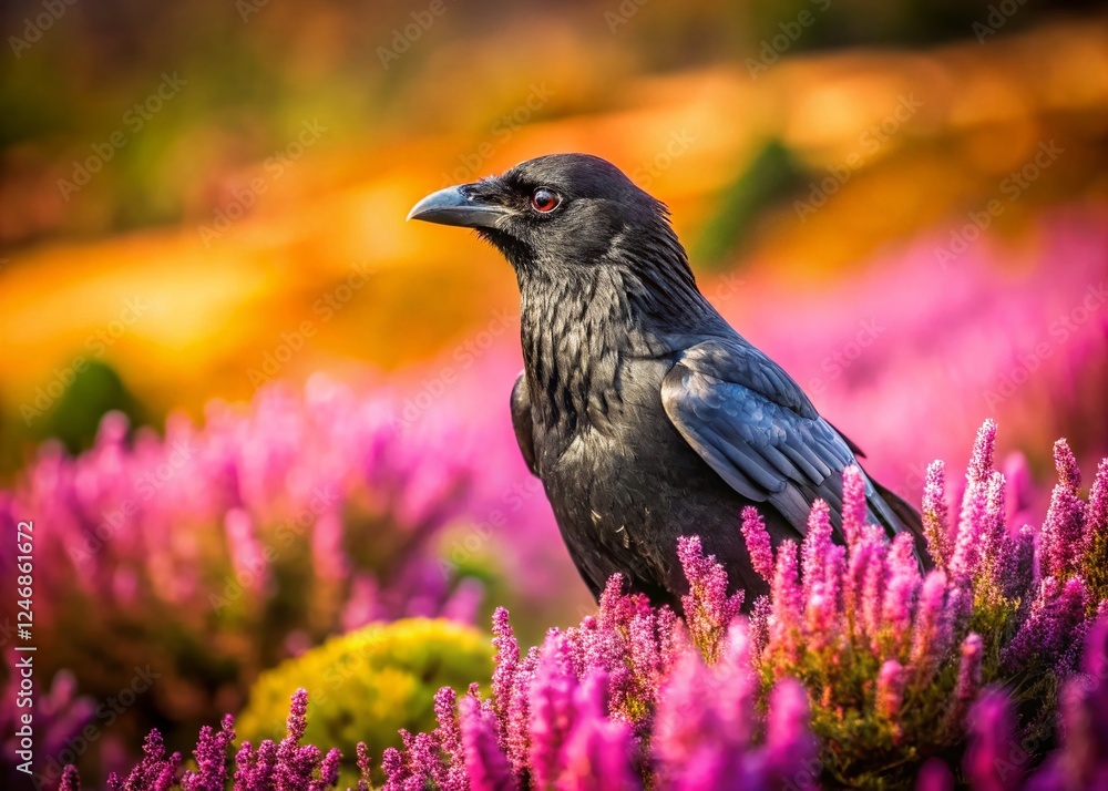 Fototapeta premium Majestic Raven Perched in Heather Meadow - Wildlife Stock Photo