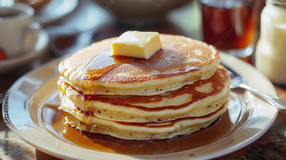 A family enjoying a breakfast together with hotcakes, butter, and syrup on the table A family enjoying a breakfast together with hotcakes, butter, and syrup on the table