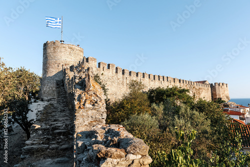 Kavala city Greece, 12.8.24 Panoramic view of from the Byzantine fortress or castle, near Panagia church, sunset colors