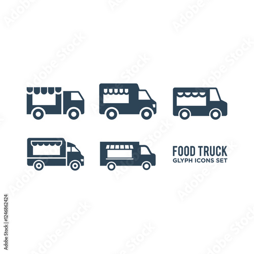 Street food truck icons set template. Vector trade van illustration. Mobile cafe car logo background. Festival shop transport to cook and sell meals.