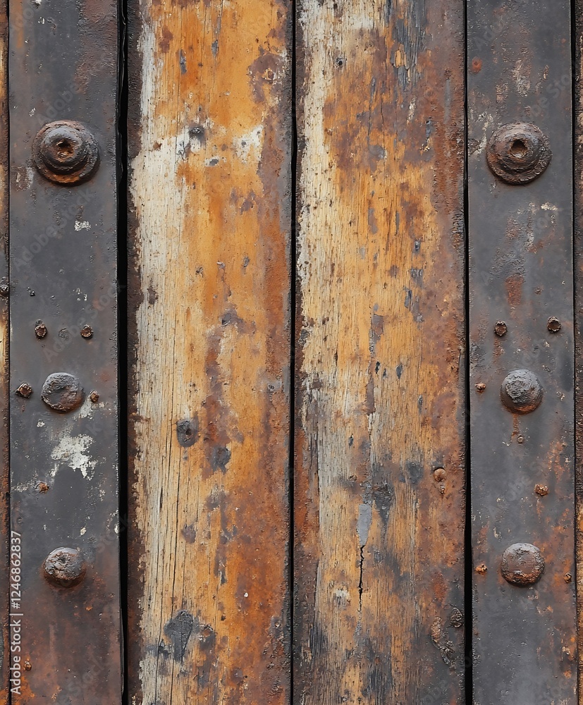 Fototapeta premium Rustic Weathered Wooden Planks with Iron Fasteners for Vintage Industrial Design : Generative AI