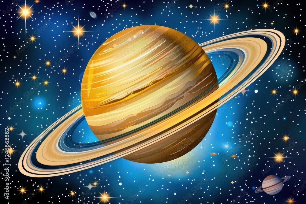 Naklejka premium A vibrant illustration of Saturn, showcasing its iconic rings against a backdrop of stars and cosmic elements.