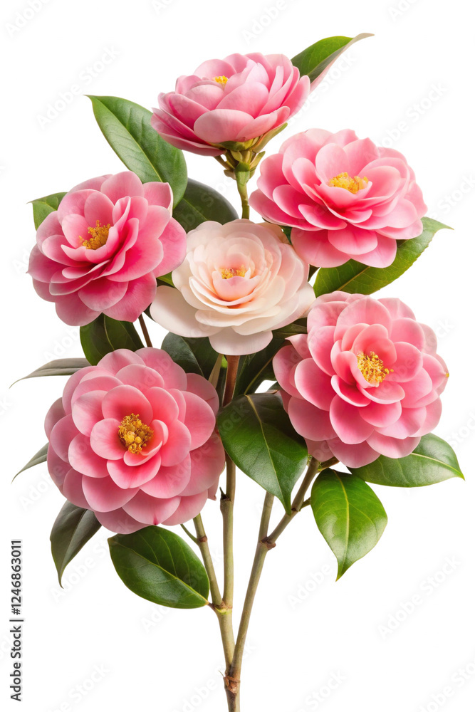 Fototapeta premium Pink Camellia Flower Bunch with Green Foliage in Full Bloom on PSD Transparent Background 2
