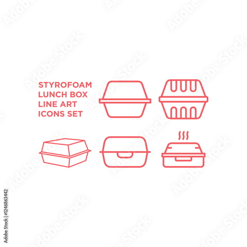 Foam meal box icons set. Styrofoam lunch box vector illustration.