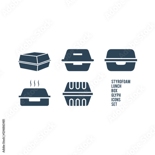 Foam meal box icons set. Styrofoam lunch box vector illustration.