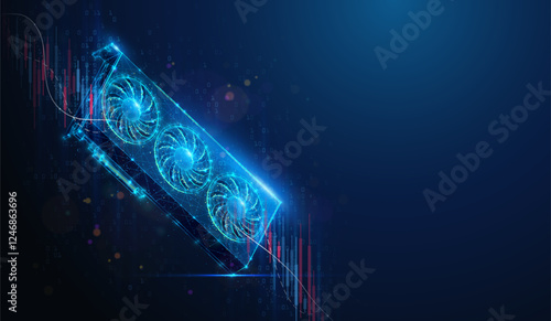 Lowpoly GPU Graphics Card Stock Market Crash Chart. Abstract geometric illustration on artificial intelligence computing hardware tech business evaluation concept by wireframe mesh on blue background