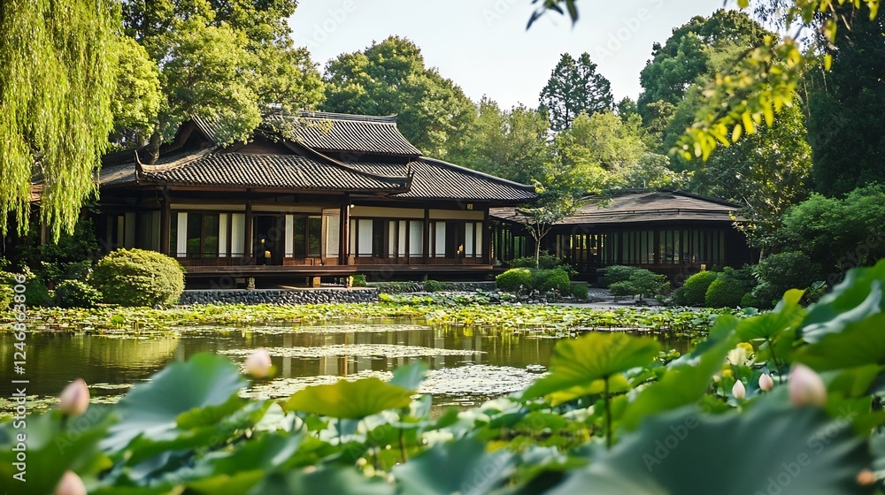 Elegant Japanese House with Pond View Surrounded by Verdant Gardens : Generative AI Elegant Japanese House with Pond View Surrounded by Verdant Gardens : Generative AI