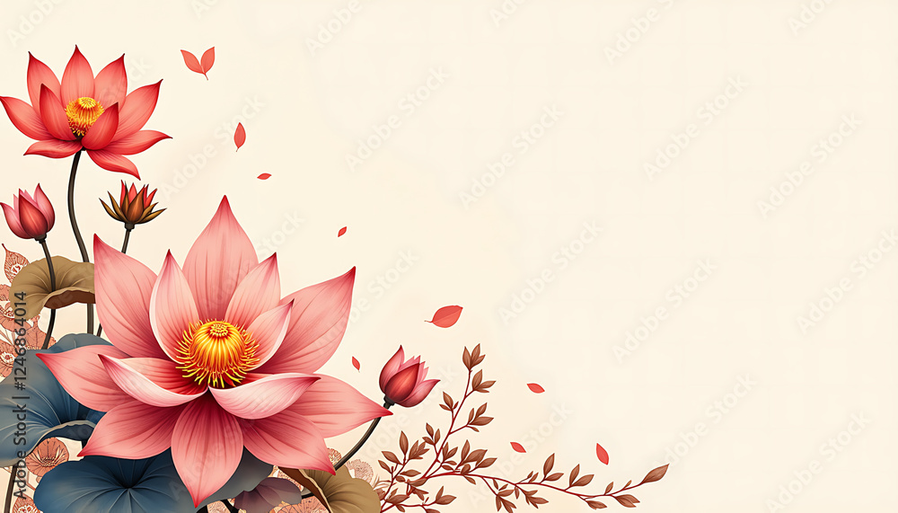 Fototapeta premium Lotus flowers blooming against a soft beige background