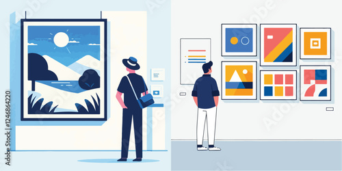 vector set of people looking at a painting exhibition