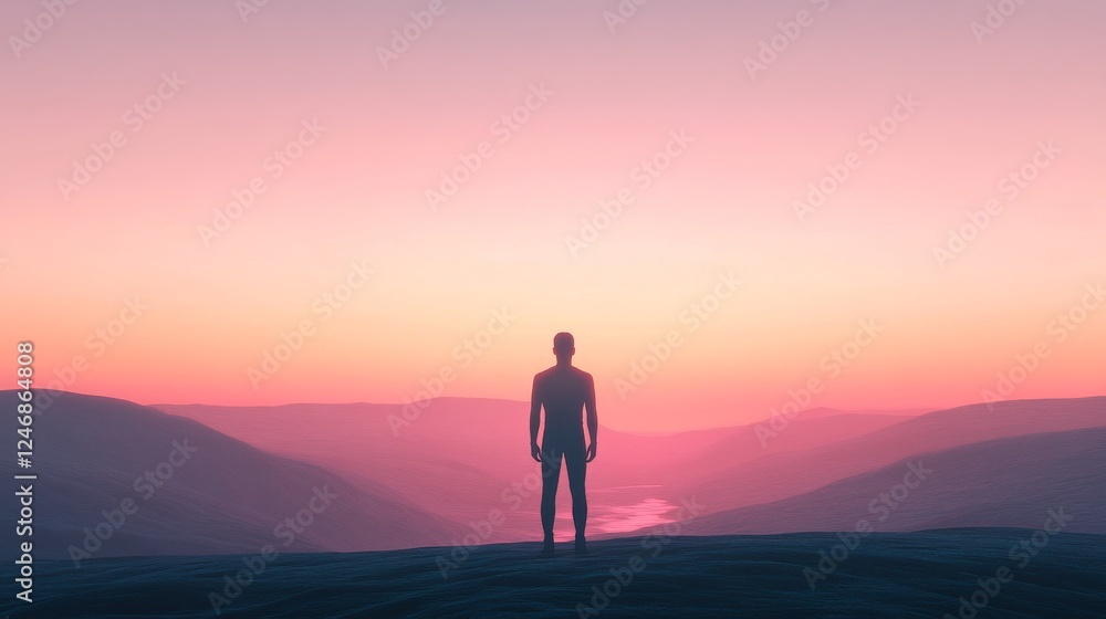 A silhouette standing against a serene sunset. A silhouette standing against a serene sunset.
