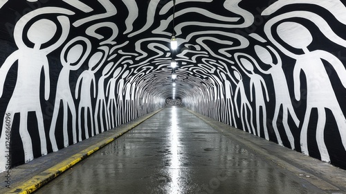 A vibrant, artistic tunnel featuring black and white stick figure murals, creating a visually striking and dynamic environment. photo