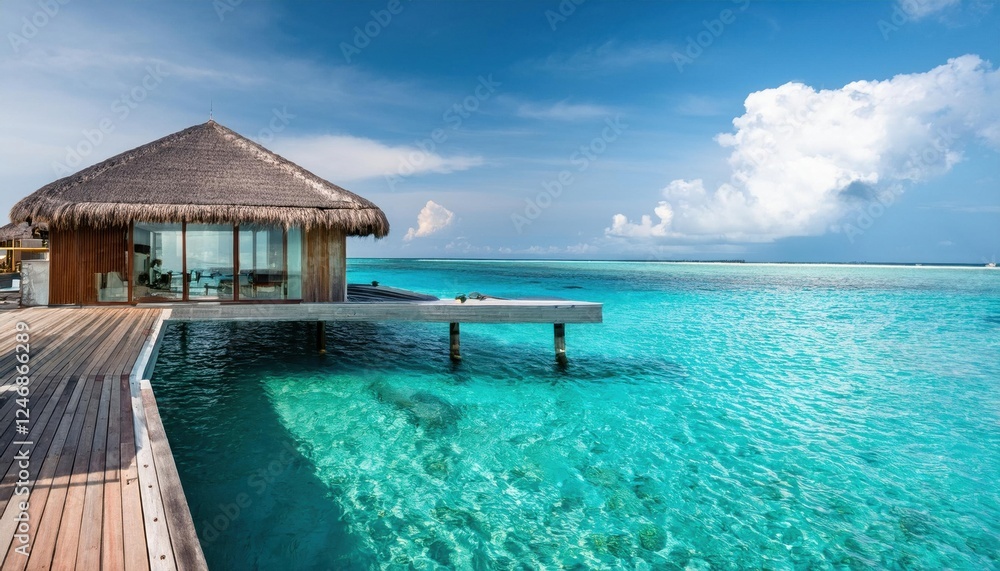 Vibrant summer escape at a tranquil overwater bungalow in stunning turquoise waters