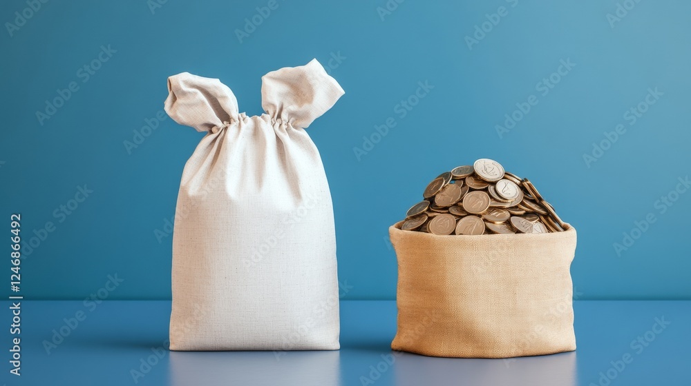 Two bags filled with various coins resting on a wooden surface in a well-lit environment Two bags filled with various coins resting on a wooden surface in a well-lit environment