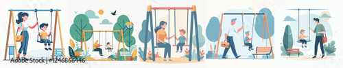 vector set of children playing on swings with their parents