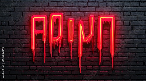 A vibrant red neon sign drips with a bold, artistic flair against a dark brick wall, creating a striking urban aesthetic. photo