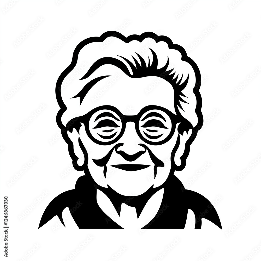 Grandmas smiling face in the glasses, front view, portrait, icon, black and white sketch on a white background, picture, image for printing Grandmas smiling face in the glasses, front view, portrait, icon, black and white sketch on a white background, picture, image for printing