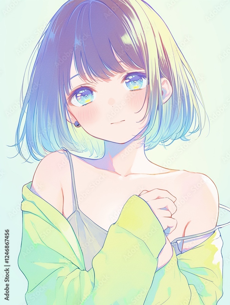 Shy anime girl with colorful hair, soft background, ideal for avatars or illustrations Shy anime girl with colorful hair, soft background, ideal for avatars or illustrations
