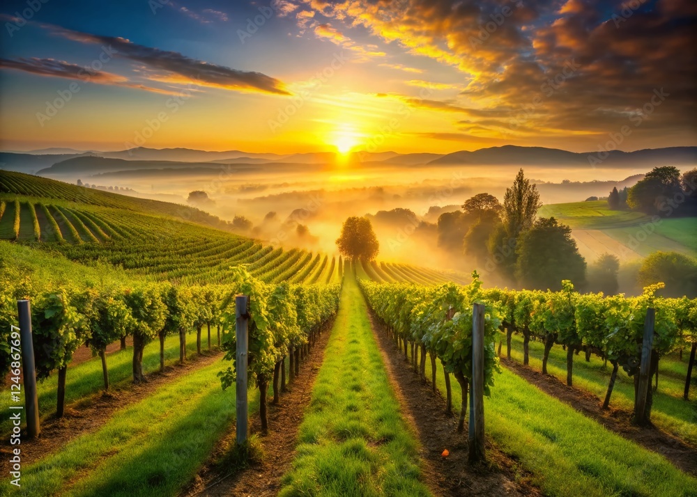 Fototapeta premium Majestic Vineyard Sunrise Silhouette - Lush Valley Landscape