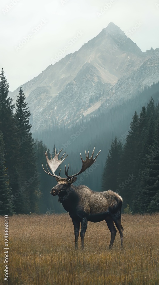 wild moose standing in a dense forest surrounded by mist-covered mountains and deep greenery wild moose standing in a dense forest surrounded by mist-covered mountains and deep greenery