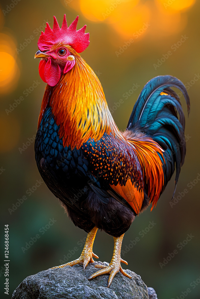 Fototapeta premium A vibrant rooster with glossy feathers stands proudly on a rock, illuminated by warm sunrise light, showcasing its bold colors and details