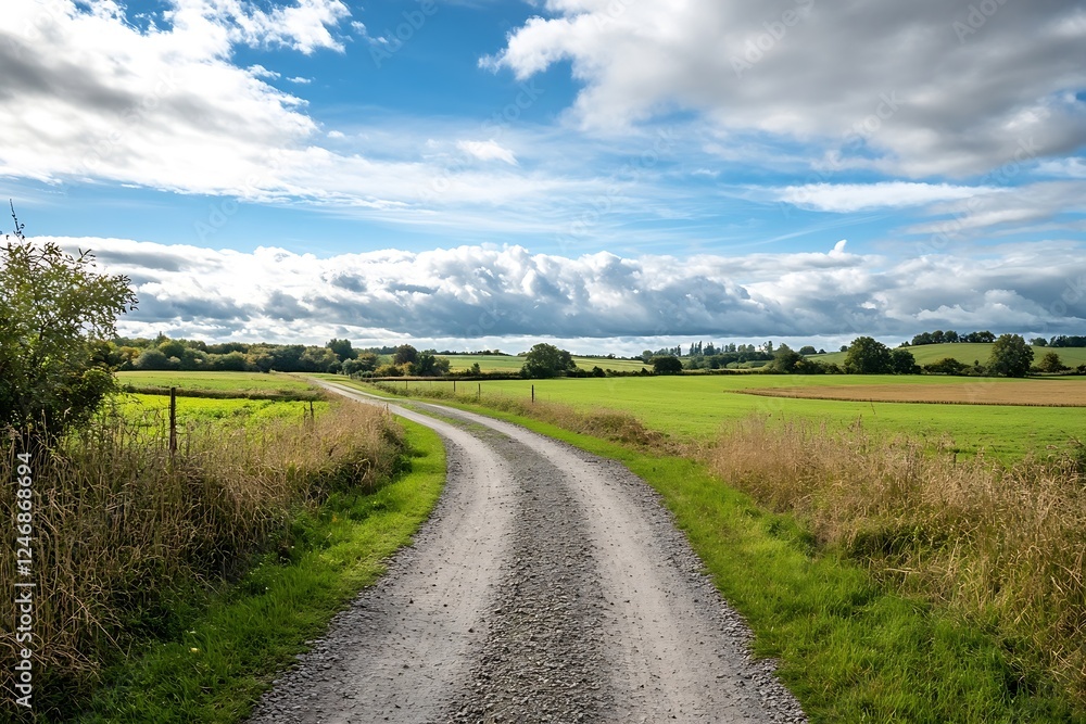 Scenic Rural Path Through Green Fields Under a Vast Blue Sky with Fluffy Clouds on a Peaceful Countryside Day : Generative AI Scenic Rural Path Through Green Fields Under a Vast Blue Sky with Fluffy Clouds on a Peaceful Countryside Day : Generative AI