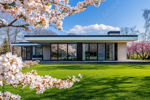 Elegant modern home with a well-kept lawn and spring blossoms