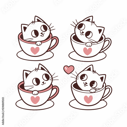 A Set of Cute Cat in Coffee Cup Vector Design Illustration