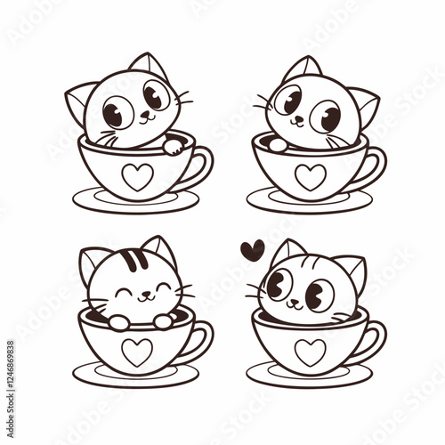 A Set of Cute Cat in Coffee Cup Vector Design Illustration