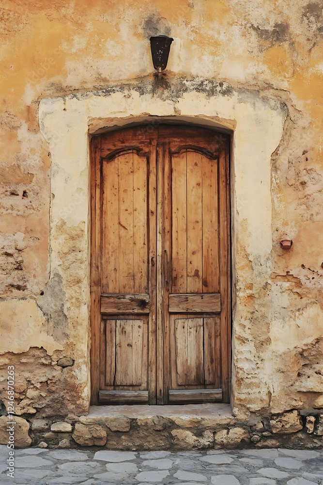 Fototapeta premium Antique Wooden Door with Rustic Stone Wall in Mediterranean Setting : Generative AI