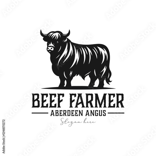 Black Aberdeen Angus Silhouette for Beef Cattle Farm Ranch Livestock or Premium Quailty Meat or Butchery label logo design
