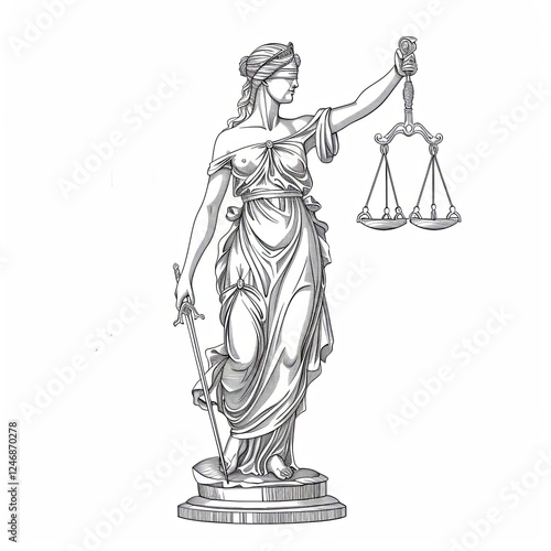 Blindfolded Themis. Statue of a woman holding a sword and scales. The sculpture of the goddess of justice is painted in black and white colours. Symbol of justice. Illustration for design.