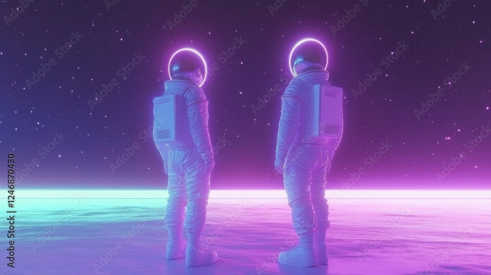 Obraz premium Astronauts explore alien landscape in neon colors.