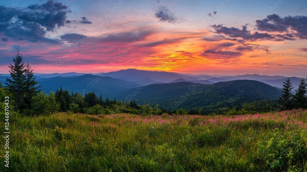 Obraz premium A distant mountain range meeting the horizon under a dramatic sky filled with vibrant colors of dusk