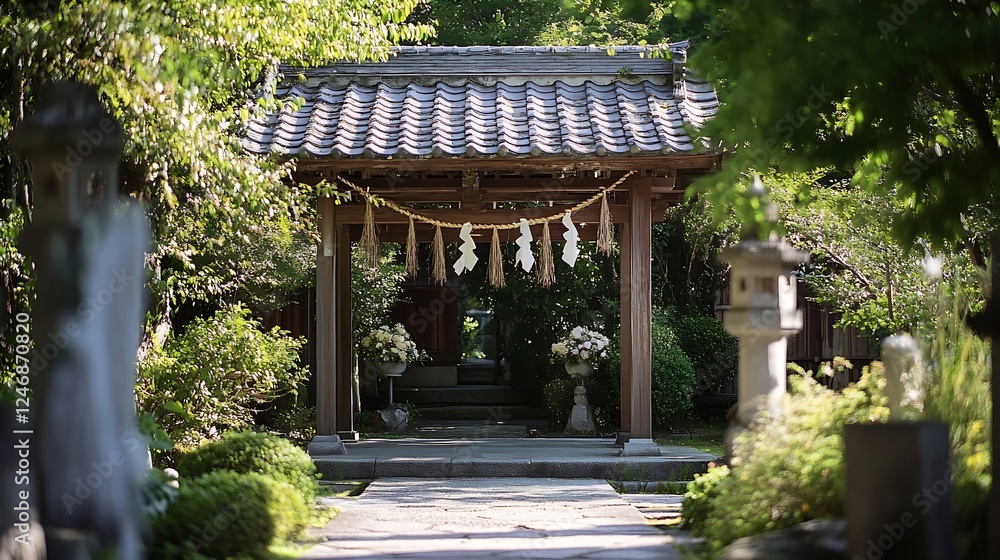 Tranquil Japanese Garden Entrance with Traditional Wooden Gate and Lush Green Landscape : Generative AI