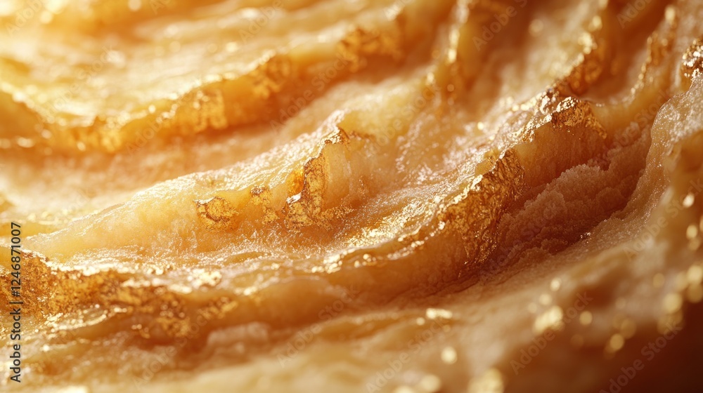 Close-up of layered, golden, textured surface resembling baked goods or geological formation. Close-up of layered, golden, textured surface resembling baked goods or geological formation.