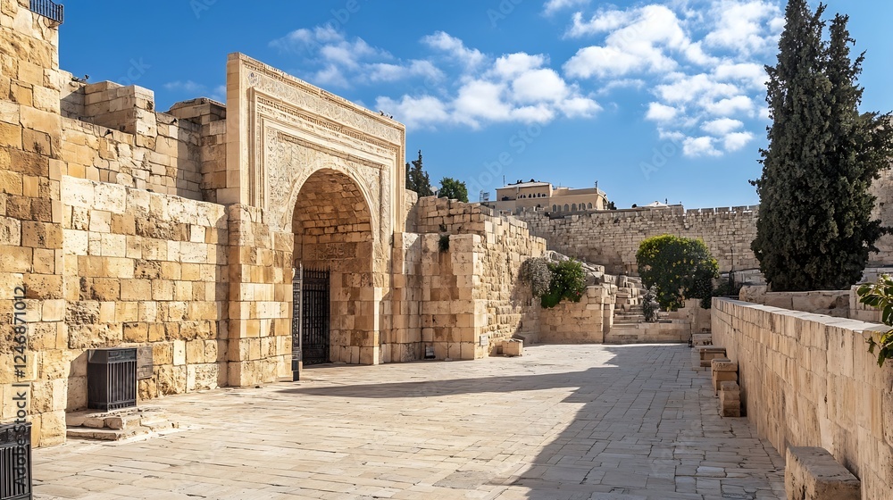 Fototapeta premium Ancient Stone Architecture with Arch and Bright Blue Sky in Historic Area : Generative AI