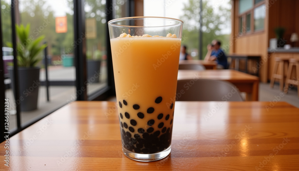 Colorful bubble tea in transparent glass on wooden table, refreshing delight Colorful bubble tea in transparent glass on wooden table, refreshing delight