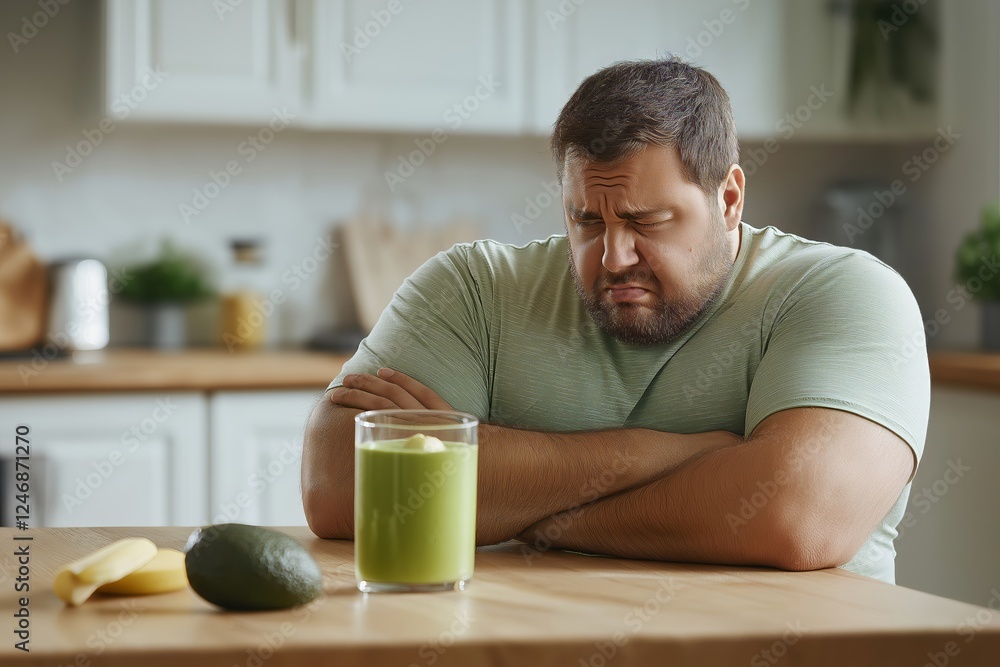 Frustrated man staring at paleolithic diet paleo smoothie in glass, contemplating weight loss journey. Concept focuses on paleolithic diet and healthy lifestyle choices Frustrated man staring at paleolithic diet paleo smoothie in glass, contemplating weight loss journey. Concept focuses on paleolithic diet and healthy lifestyle choices