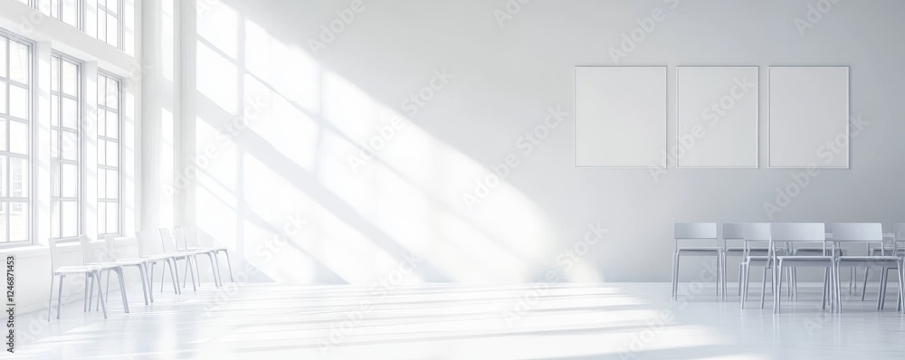 Obraz premium Bright empty room with natural light and chairs.