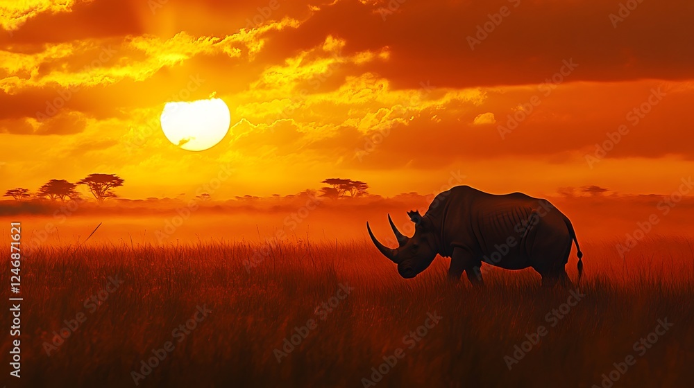 Naklejka premium Rhinoceros in the savanna, sunset light
