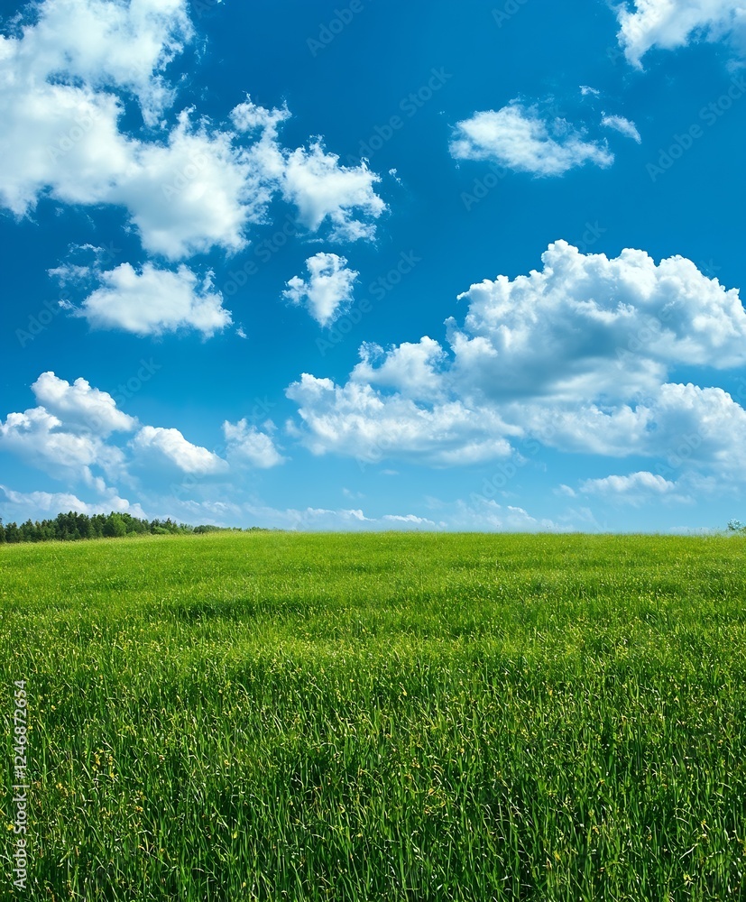 Lush Green Meadow with Blue Sky and Fluffy White Clouds on a Bright Sunny Day : Generative AI Lush Green Meadow with Blue Sky and Fluffy White Clouds on a Bright Sunny Day : Generative AI