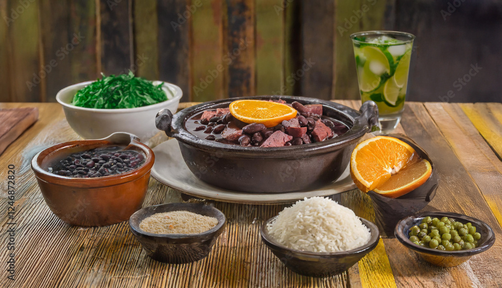 Feijoada, typical Brazilian food with black beans, pork and sausage Feijoada, typical Brazilian food with black beans, pork and sausage