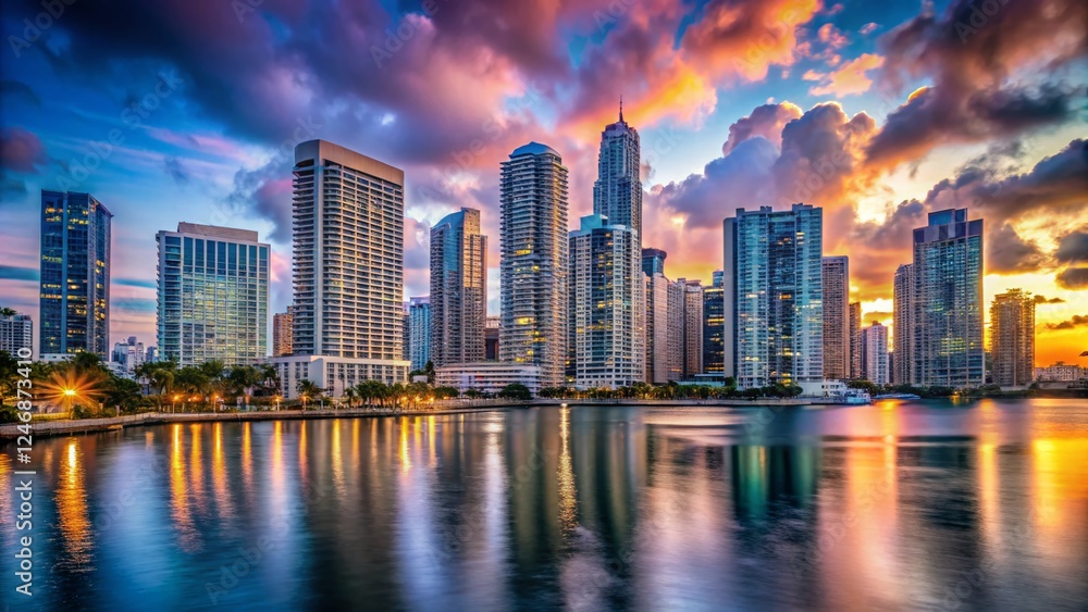 Obraz premium Miami Brickell Downtown Evening Skyline - Urban Landscape Photography