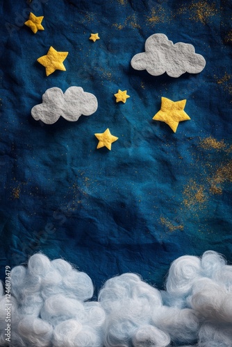 Fluffy Clouds and Golden Stars in Night Sky