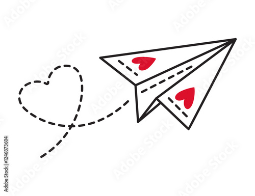 Paper love airplane doodle style Hand drawn trendy flat style love isolated icon Romantic symbol of love for web graphic design poster tattoo Valentines Day Greeting card line art Vector illustration