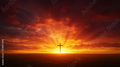 cross silhouetted against dramatic sunset, with vibrant colors and rays of light illuminating sky, evokes sense of peace and spirituality