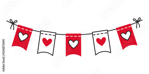 Garland of flags doodle style Hand drawn trendy flat style love isolated icon Romantic symbol of love for web graphic design poster tattoo Valentines Day Greeting card line art Vector illustration