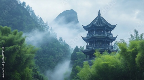 Wallpaper Mural Misty Mountain Pagoda, China, Travel Poster Torontodigital.ca