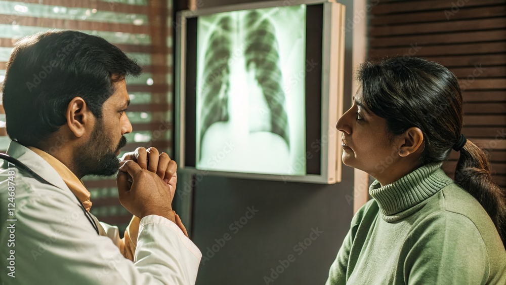 custom made wallpaper toronto digitalA doctor examining a patient suffering from respiratory issues due to air pollution, using a lung X-ray to illustrate the health impact of PM 2.5 exposure